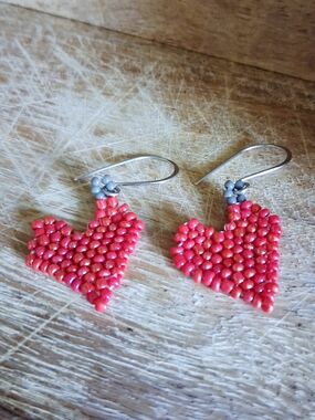 Red Beaded Heart Dangle Earrings